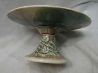   MAJOLICA CAKE PLATE FOOTED STAND ART POTTERY FERN ASPEN LEAF COMPOTE