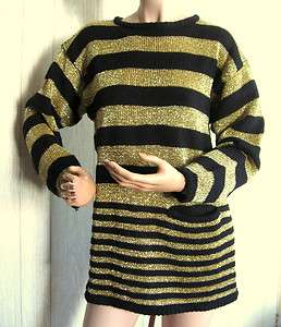 Gladys Bagley Black Knit & Gold Metallic Large Stripe Tunic Sweater L 