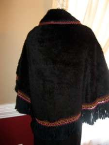 VTG 70s Faux Fur Cape Handmade Poncho Fringed MED SMALL  