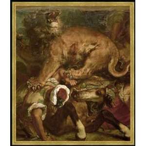 Bild mit Rahmen: Eugène Delacroix, Löwenjagd, 60 x 71   Holz Corum 