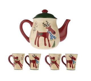 Holiday Reindeer Design Teaset Teapot and Set of 4 Mugs  $52  