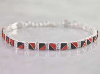Sterling Silver Onyx & Coral Womens Link Inlay Bracelet  