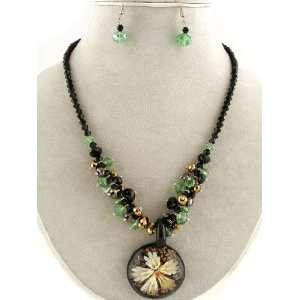  Jewelry ~ Round Yellow Flower Murano Glass Charm Black and Green 