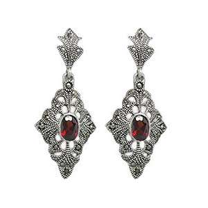 Vintage Red CZ & Sterling Silver Marcasite Chandelier Earrings   Gems 