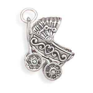  Sterling Silver Movable Baby Carriage Charm with 18 Steel 