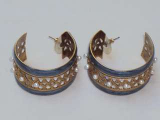 Vtg Gold Blue Diamond Dust Pearl Hoop Earrings Pierced (P394)  