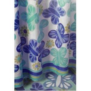  Blue Green Butterfly & Flowers Fabric Shower Curtain