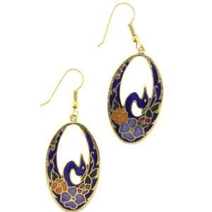  Gold Plated Cloisonne Blue Swan in Oval Shaped Earrings 