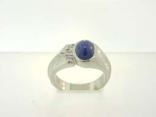   Natural Blue Star Sapphire & Diamond Solid 14K White Gold Ring  
