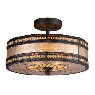   Light Semi Flush Drum Ceiling Lighting Fixture, Bronze, Amber Glass