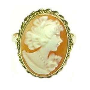 Cameo Ring, Italian Master Carved Carnelian Conch Shell, 14k Gold Size 