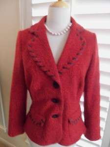 Kay Unger Red Tapestry Jacket Trimmed in Faux Leather Size 12  