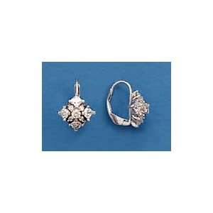Rhodium Plated Diamond Pattern Cubic Zirconia CZ Lever Earrings, 11/16 