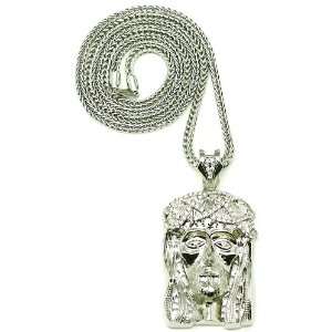  Crowned Jesus Large Silver Iced Out Pendant 36 Inch Necklace Franco 