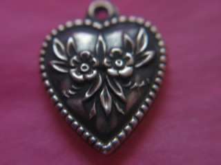   PUFFY HEART CHARM STERLING SILVER FLOWERS ENGRAVED PRE MED  