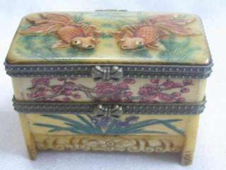 Chinese handcraft ox bone jewelry box with two fish carved  