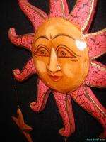 CELESTIAL~Red Sun SunBurst Moon stars Mobile~Carved Wood~Balinese Art 