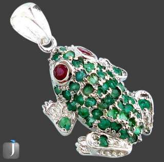 RED RUBY EMERALD ROUND FROG 925 STERLING SILVER ARTISAN PENDANT 1 3/8 