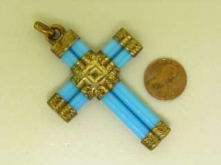   CRAFTED BLUE PEKING GLASS CROSS GOLD FILLED ANTIQUE PENDANT  