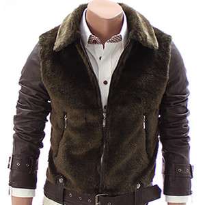 Youstars Mens Casual Leather Fur Jacket BROWN(GA13)  