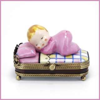 LIMOGES PORCELAIN BOX   THE PINK BABY IN BED # 207  