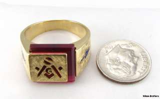   Red Stone Cut Out MASONIC   14k Solid Gold Mason Symbol 14.2 Gram Ring