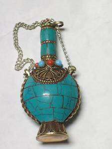 Chinese Snuff Bottle Torquoise Red Jade Tibetan Silver  