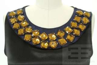 Vera Wang Lavender Label Black Satin Navy Trim Jeweled Neckline Dress 