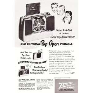   Zenith Radio Pop Open Portable Dialspeaker Original Vintage Print Ad
