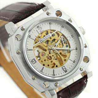   Leather Auto Mechanical Gold Skeleton Mens Army Square Wrist Watches