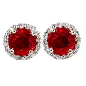   Round Red Sapphire Diamond Halo Pave Earrings White Gold Vintage 14K